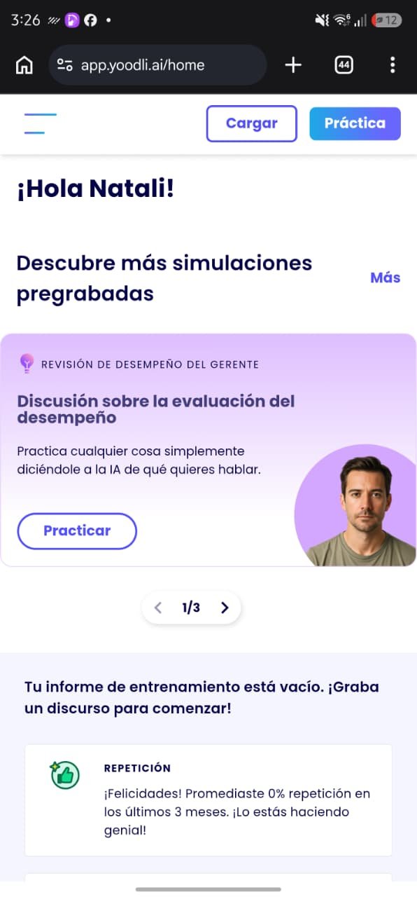 Inicio de Yoodli en el celular con simulaciones pregrabadas