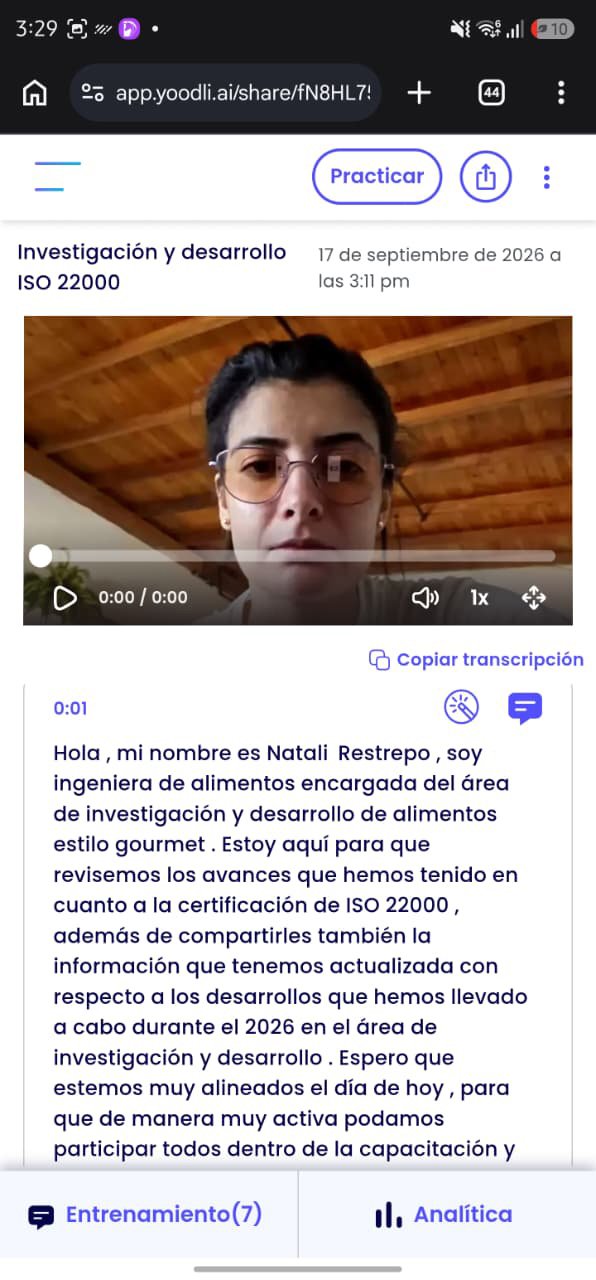 Reporte compartido de un ensayo con video y transcripción en el celular