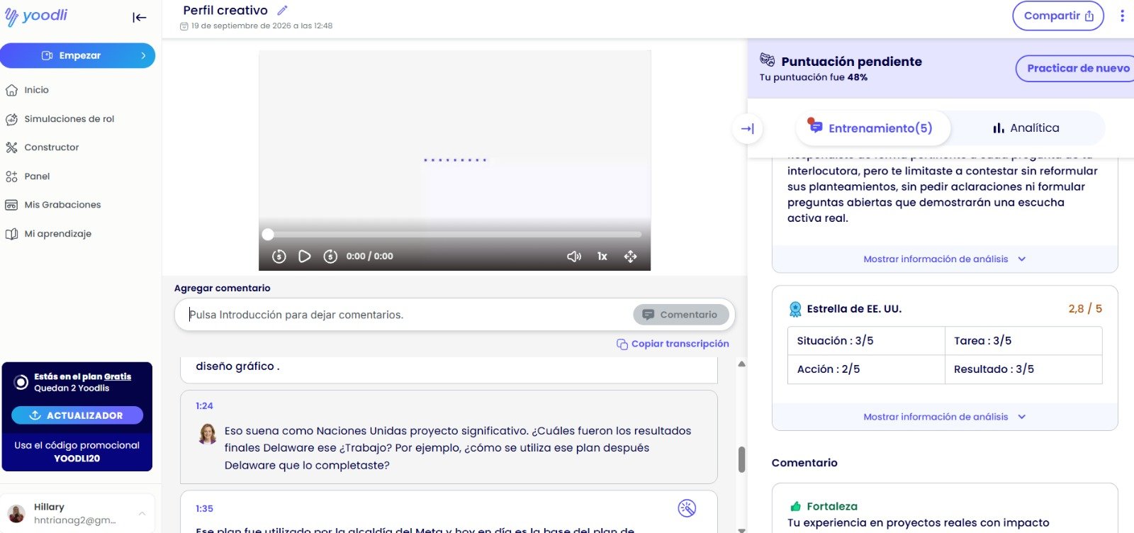 Reporte de un ejercicio en Yoodli
