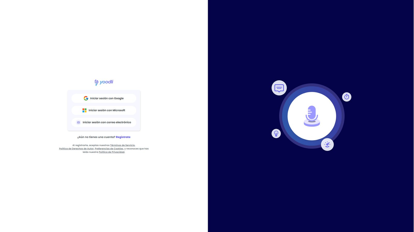 Pantalla de ingreso de Yoodli: acceso con Google, Microsoft o correo, junto a un micrófono sobre fondo azul oscuro